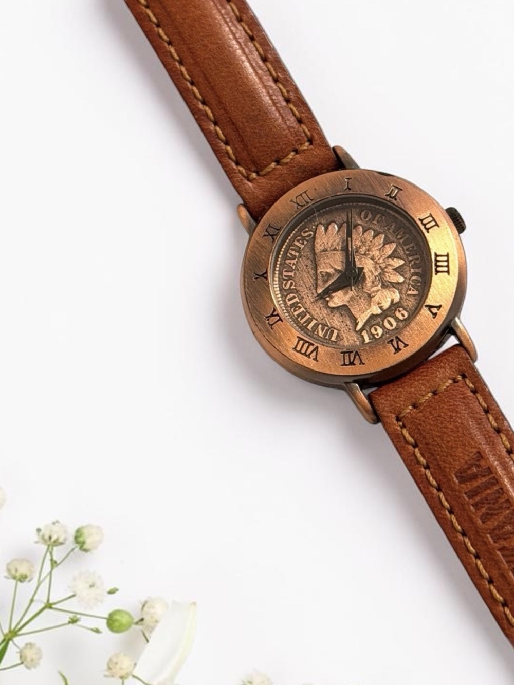 VINTAGE BRITTANIA 1900 Indian Head Penny Quartz Watch Leather WORKS 3297-22